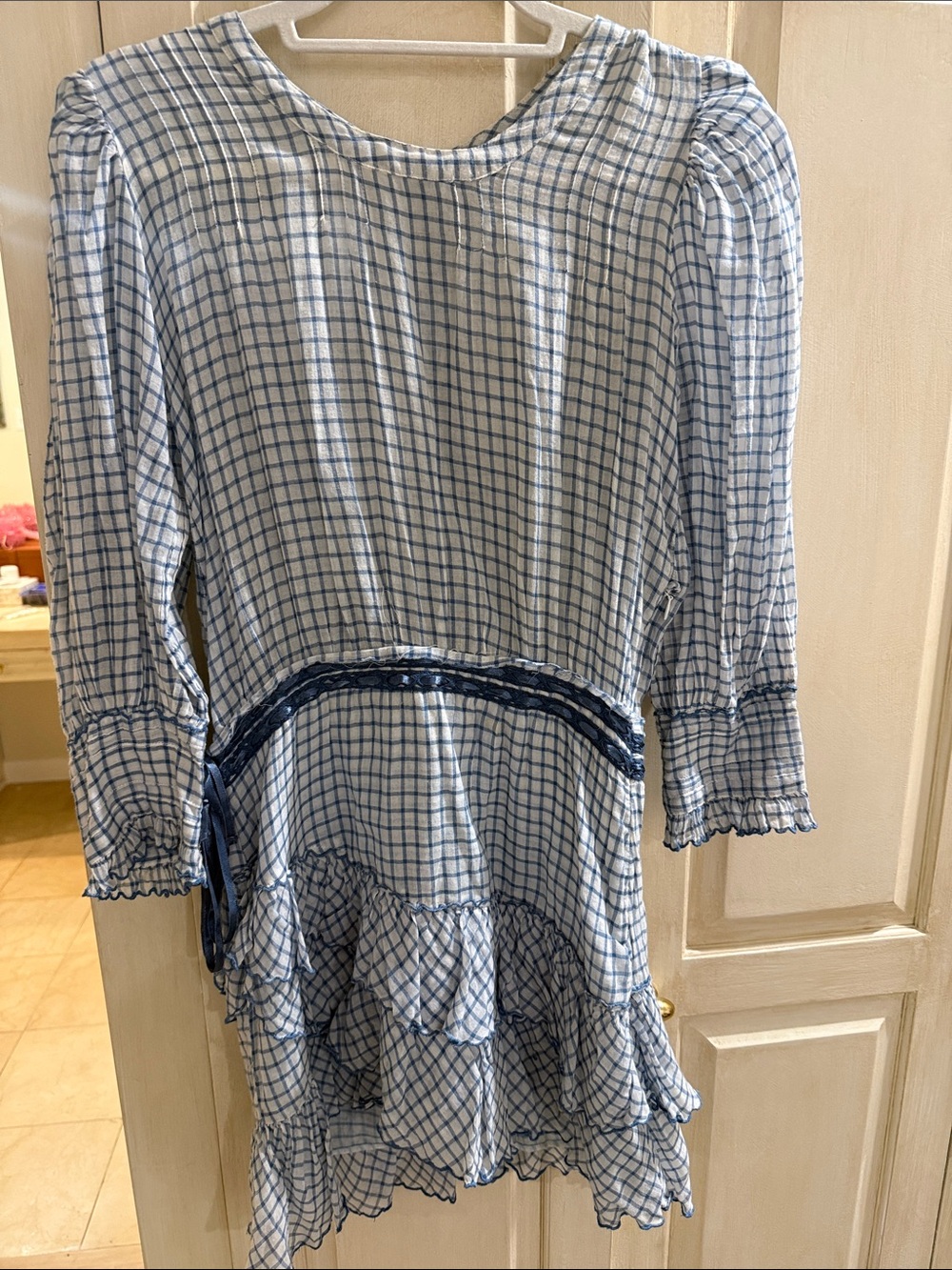 LoveShackFancy White and Blue Checked Mini Dress